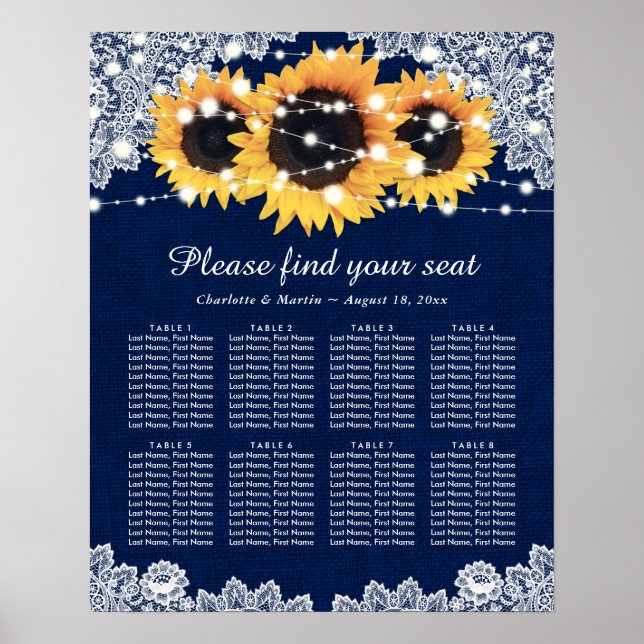 Rustic Navy Blue Sunflower Wedding Seating Chart 8 (Front)