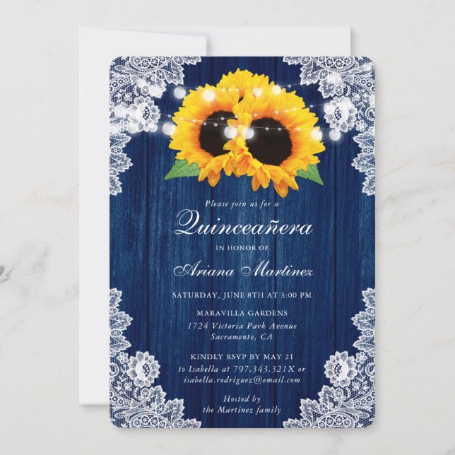 Rustic Navy Blue Sunflower Wood Lace Quinceañera Invitation (Front)