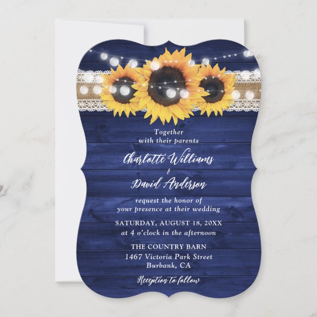 Rustic Navy Blue Sunflower Wood Wedding Invitation (Front)