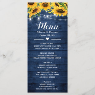 Rustic Navy Blue Sunflowers String Lights Wedding Menu