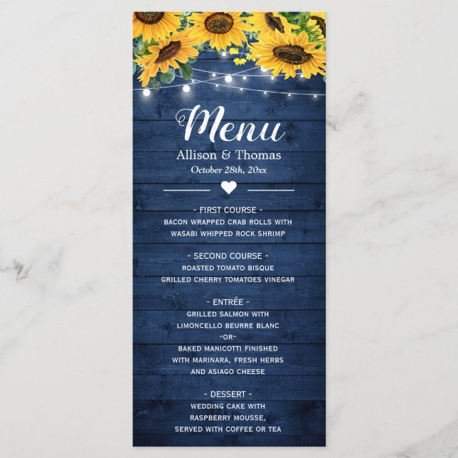 Rustic Navy Blue Sunflowers String Lights Wedding Menu (Front)