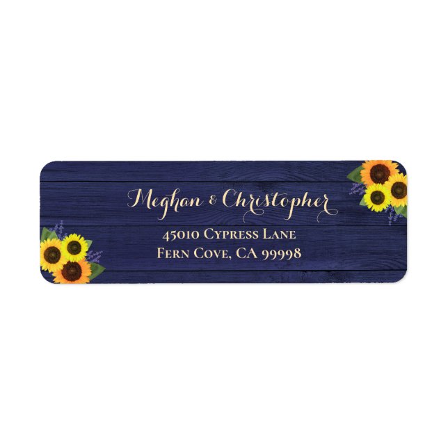 Rustic Navy Blue Sunflowers Wedding Return Address (Front)