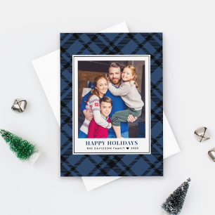 Rustic Navy Blue Tartan Plaid Happy Holidays Photo Holiday Card