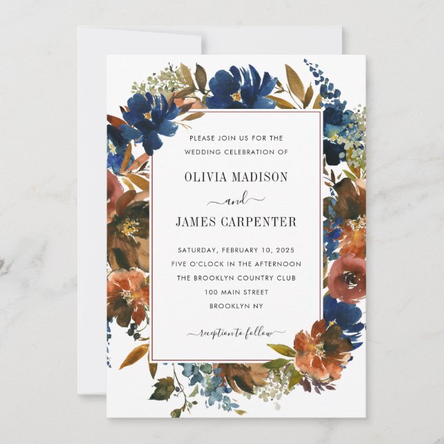 Rustic Navy Blue Terracotta Floral Fall Wedding Invitation (Front)
