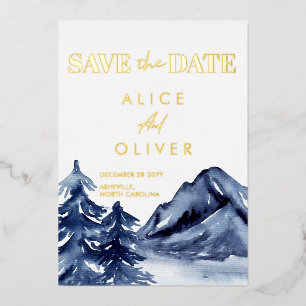 Rustic Navy Blue Trees Mountain Save The Date