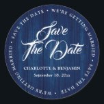 Rustic Navy Blue Typography Wedding Save The Date Classic Round Sticker<br><div class="desc">Rustic navy blue wedding save the date stickers featuring an elegant script font.</div>