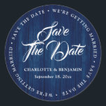 Rustic Navy Blue Typography Wedding Save The Date Classic Round Sticker<br><div class="desc">Rustic navy blue wedding save the date stickers featuring an elegant script font.</div>