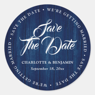 Rustic Navy Blue Typography Wedding Save The Date Classic Round Sticker