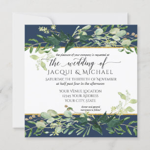 Rustic Navy Blue Watercolor Eucalyptus Wedding Invitation