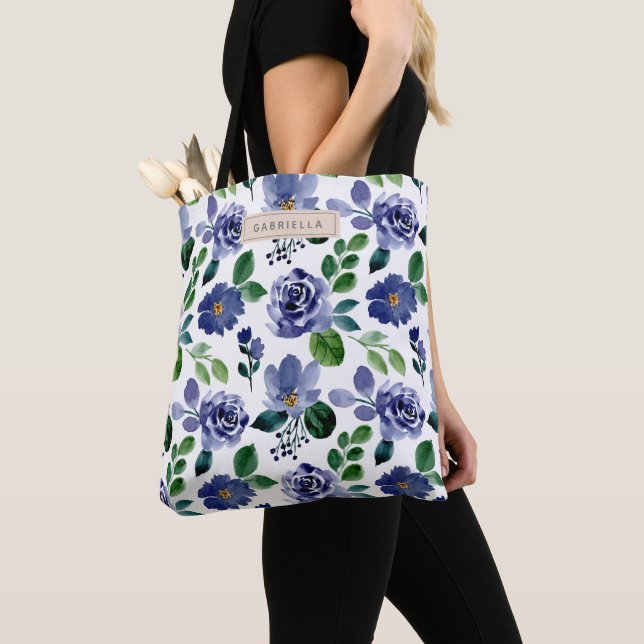 Rustic Navy Blue Watercolor Floral Personalised Tote Bag (Close Up)