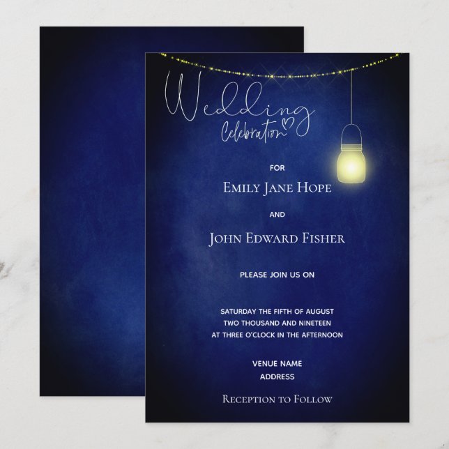 Rustic Navy Blue Watercolor Mason Jar Wedding Invitation (Front/Back)