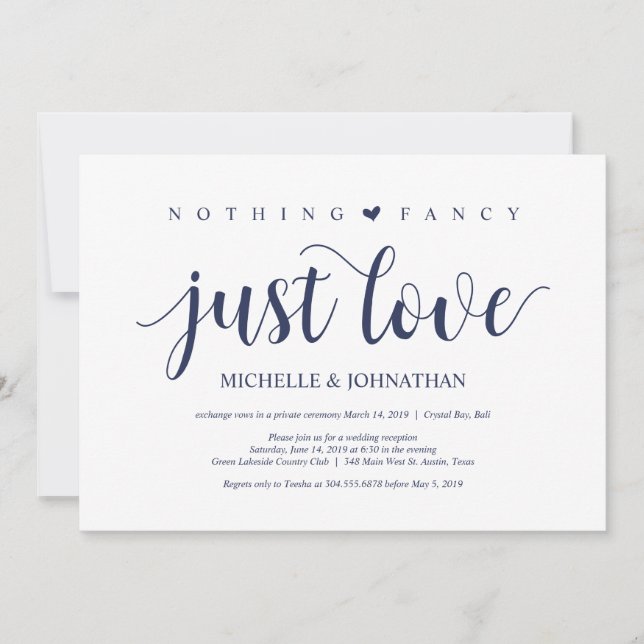 Rustic Navy Blue Wedding Elopement Reception Invitation (Front)