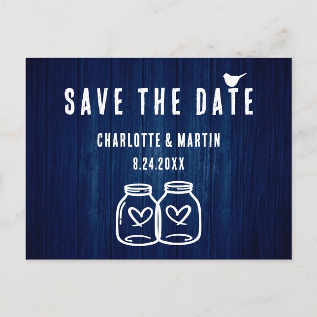 Rustic Navy Blue Wedding Save The Date Postcard (Front)