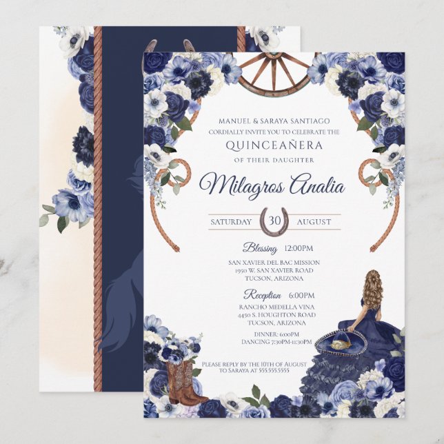 Rustic Navy Blue Western Charro Quinceanera  Invitation (Front/Back)