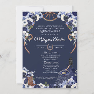 Rustic Navy Blue Western Charro Quinceanera  Invitation