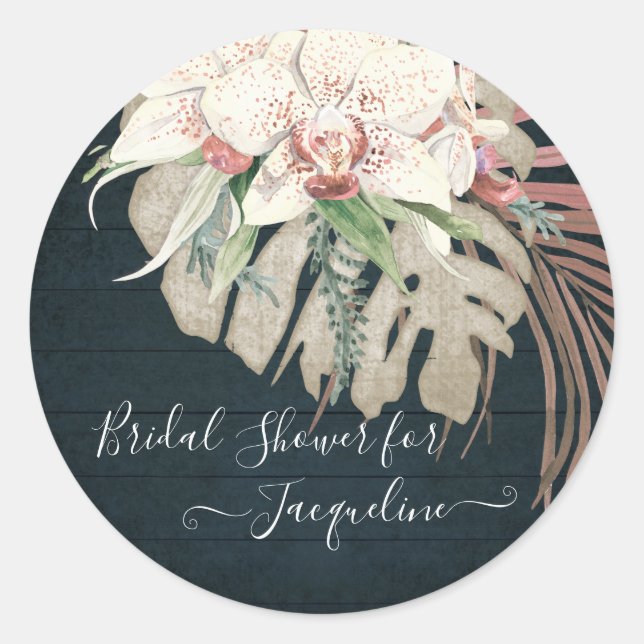Rustic Navy Blue White Orchid Sage Floral Greenery Classic Round Sticker (Front)