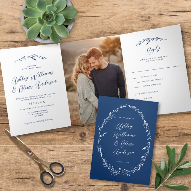 Rustic Navy Blue Wildflower Boho Photo Wedding Tri-Fold Invitation (Creator Uploaded)