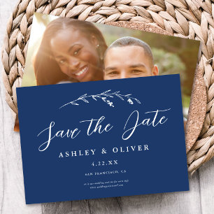 Rustic Navy Blue Wildflower + Photo Save The Date Invitation