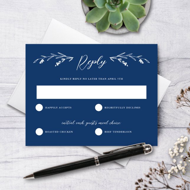 Rustic Navy Blue Wildflower Wedding RSVP Card (Creator Uploaded)