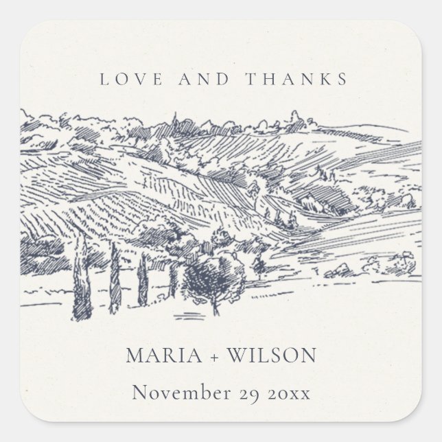 Rustic Navy Blue Winery Mountain Sketch Wedding Square Sticker (Front)