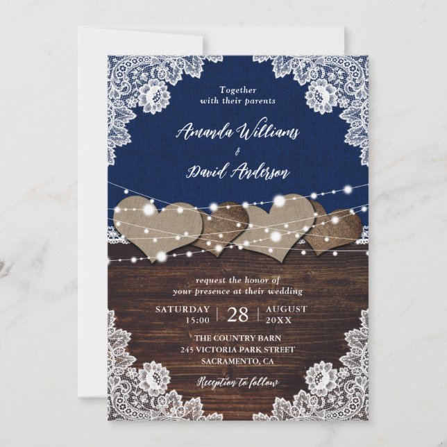 Rustic Navy Blue Wood Burlap Lace Wedding Invitation (Front)