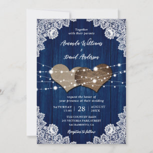 Rustic Navy Blue Wood Burlap Lace Wedding Invitation