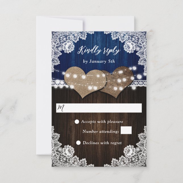Rustic Navy Blue Wood Burlap Lace Wedding RSVP (Front)