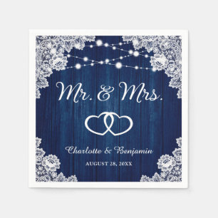 Rustic Navy Blue Wood Lace String Lights Wedding Napkin