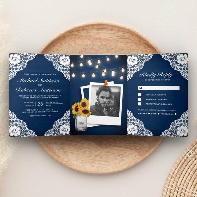 Rustic Navy Blue Wood Lace String Lights Wedding Tri-Fold Invitation (Creator Uploaded)