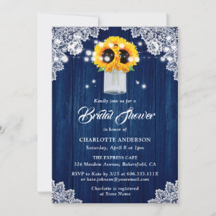 Rustic Navy Blue Wood Lace Sunflower Bridal Shower Invitation