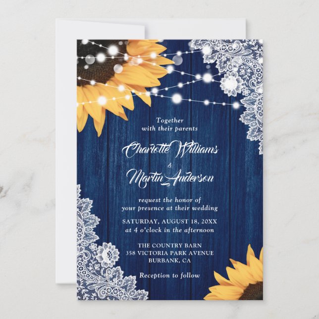 Rustic Navy Blue Wood Lace Sunflower Wedding Invitation (Front)