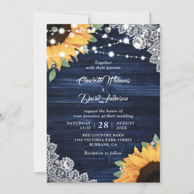 Rustic Navy Blue Wood Lace Sunflower Wedding Invitation (Front)