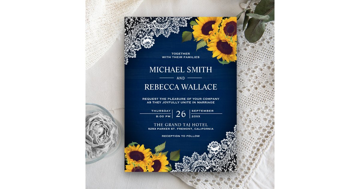 Rustic Navy Blue Wood Lace Sunflower Wedding Invitation | Zazzle
