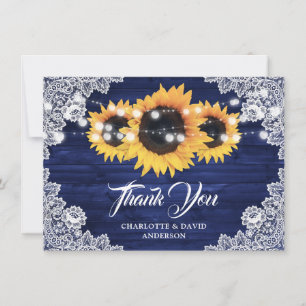 Rustic Navy Blue Wood Lace Sunflower Wedding Thank You Card