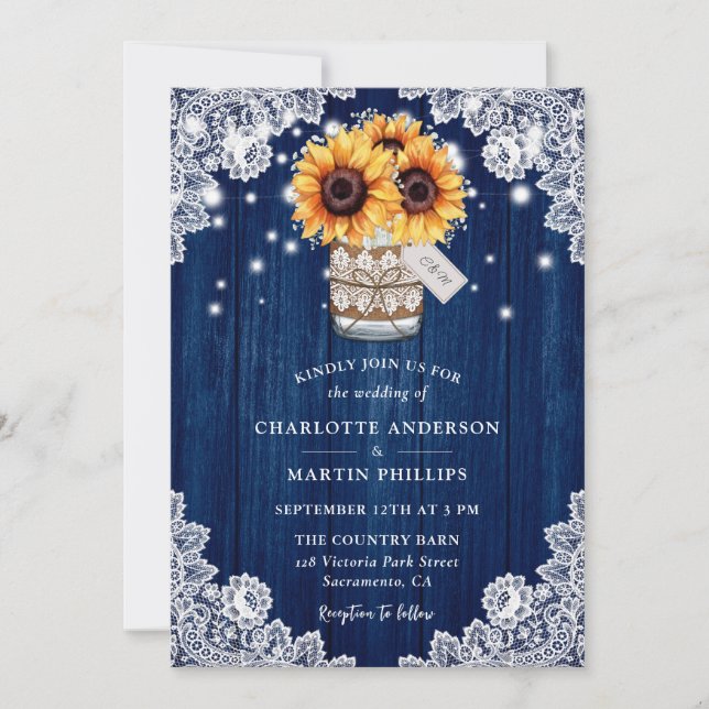 Rustic Navy Blue Wood Mason Jar Sunflower Wedding Invitation (Front)