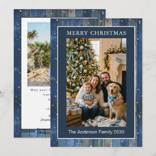 Rustic Navy Blue Wood Snowy 2 Photo Christmas Card