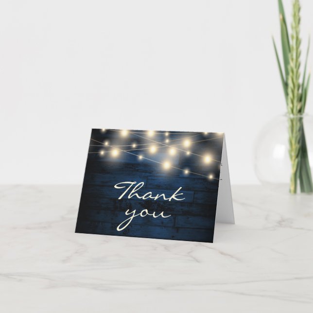 Rustic Navy Blue Wood String Lights Thank You Card (Front)