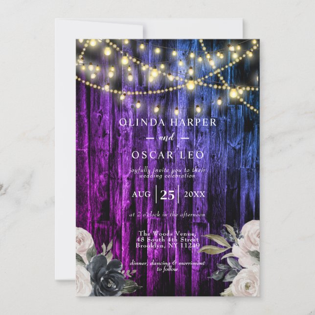 Rustic Navy Blue Wood String Lights Wedding Invita Invitation (Front)