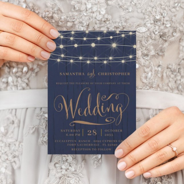  Rustic Navy Blue Wood & String Lights Wedding Invitation (Creator Uploaded)