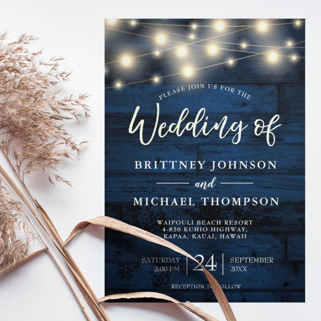 Rustic Navy Blue Wood String Lights Wedding Invitation (Creator Uploaded)