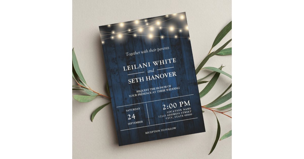 Rustic Navy Blue Wood String Lights Wedding Invitation | Zazzle