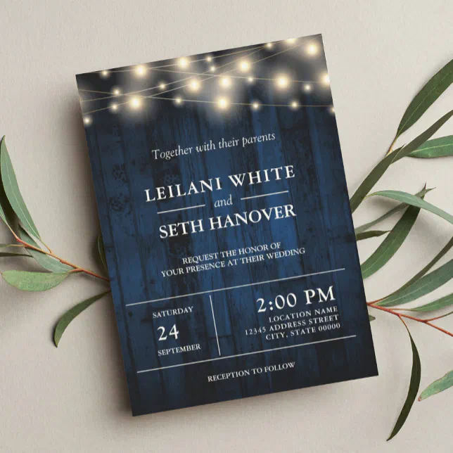 Rustic Navy Blue Wood String Lights Wedding Invitation | Zazzle