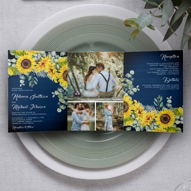 Rustic Navy Blue Wood Sunflower Eucalyptus Wedding Tri-Fold Invitation (Creator Uploaded)