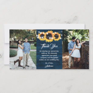 Rustic Navy Blue Wood Sunflower Photo Wedding Thank You Card