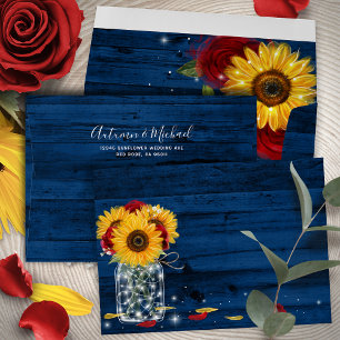 Rustic Navy Blue Wood Sunflower Red Rose Wedding Envelope