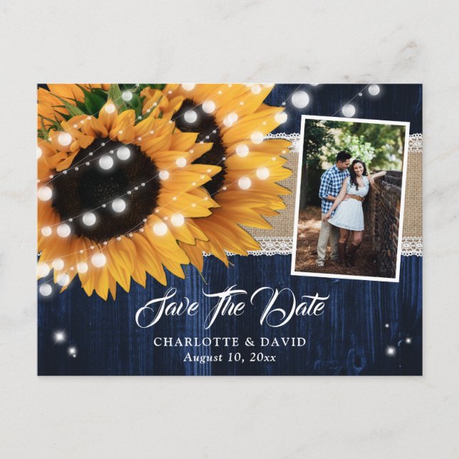 Rustic Navy Blue Wood Sunflower Wedding Photo Announcement Postcard (Front)