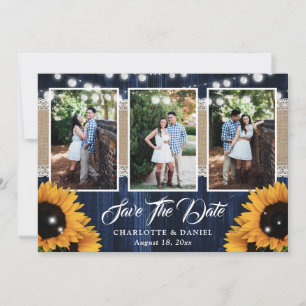 Rustic Navy Blue Wood Sunflower Wedding Photo Save The Date