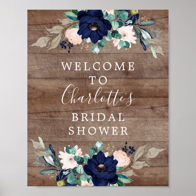 Rustic Navy & Blush Bridal Shower Welcome Sign (Front)