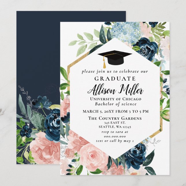 Rustic Navy Blush Floral Botanical Graduation Invitation (Front/Back)
