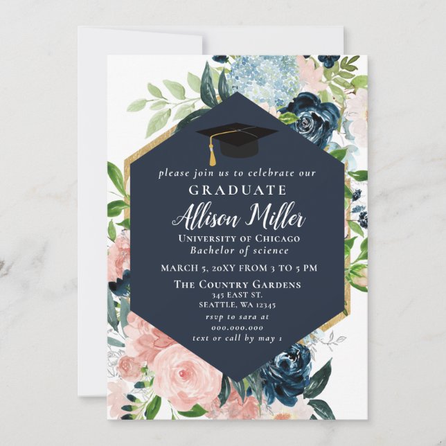 Rustic Navy Blush Floral Botanical Graduation Invitation (Front)